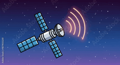 A cartoon illustration of a satellite transmitting signals in outer space.