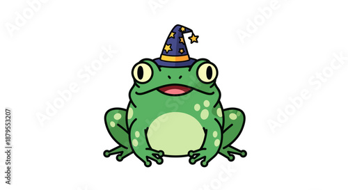 A whimsical cartoon frog wearing a magical wizard hat with stars.
