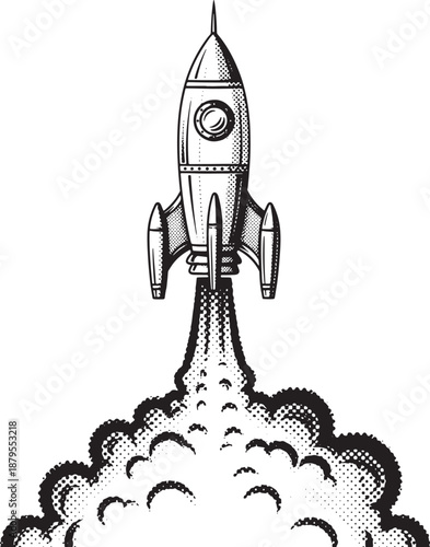 Retro Rocket Launching into Space with Smoke Cloud Vector Illustration