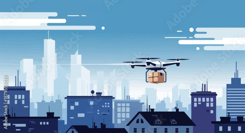 Drone delivery service flying package over modern city skyline illustration.