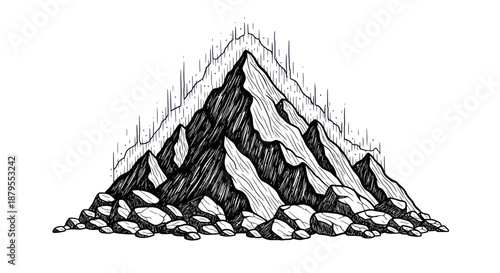 Hand drawn mountain range illustration with aurora borealis effect