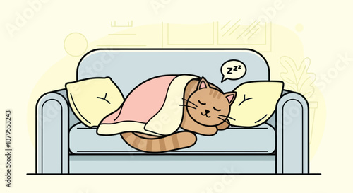 A cute cat takes a cozy nap on a comfortable couch.