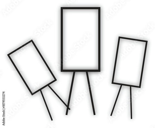 Three blank white canvases on stands ready for creative expression or presentation