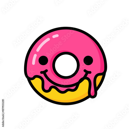 A happy pink glazed donut character smiles sweetly.