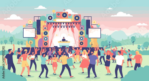 Happy crowd dancing at an outdoor music festival concert.