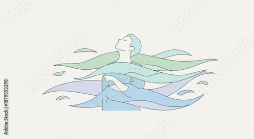 Serene Woman Floating in Abstract Flowing Lines Illustration.