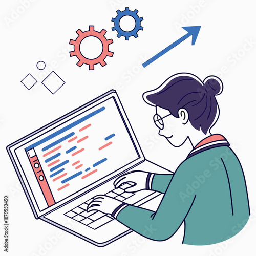 Female developer actively coding on a laptop, symbolizing software development, engineering, and technological progress. An illustrative image depicts a female developer deeply focused while typing