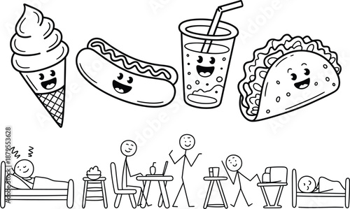 Cute Food Characters and People in Various Activities