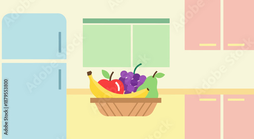 A colorful illustration of a fruit bowl on a kitchen counter.