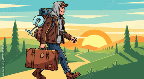 Man with luggage and backpack walks on a path during sunset.