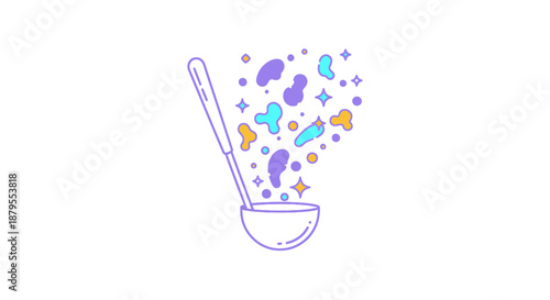 Magic potion coming out of a ladle with stars and colorful drops