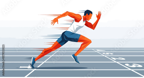 Athletic runner in stride on a track.