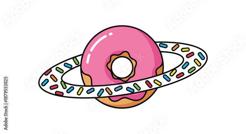 A pink donut with sprinkles orbiting like a planet