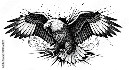 A powerful bald eagle spreads its wings in a dramatic graphic style.