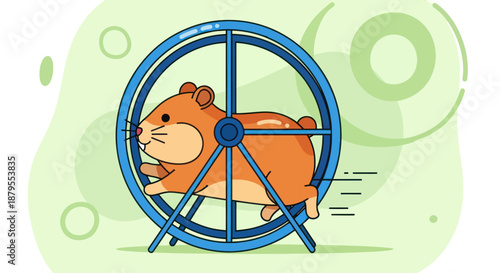 Cute cartoon hamster running energetically in a blue wheel.