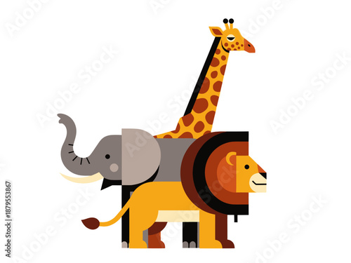 Canvas Print Modern geometric illustration of safari animals featuring an elephant, giraffe, and lion