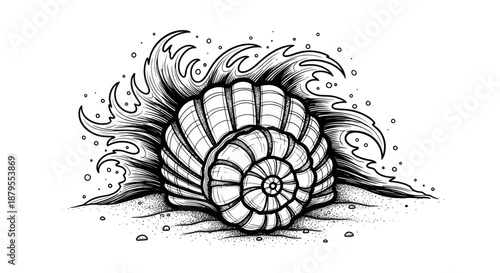 Hand-Drawn Sea Shell on Beach with Crashing Waves