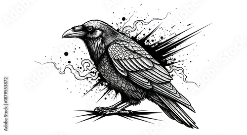 A striking black and white ink splatter raven illustration.