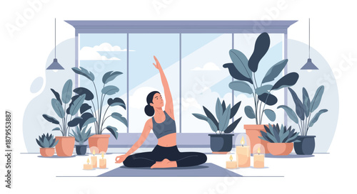 Woman practicing mindful yoga in a peaceful room with plants and candles.