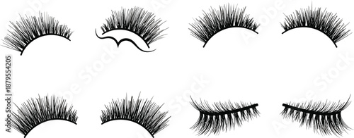 Eyelash illustration set, false lashes silhouettes, makeup beauty accessories, dramatic lash extensions, cosmetic design elements for salon, glamour and fashion graphics