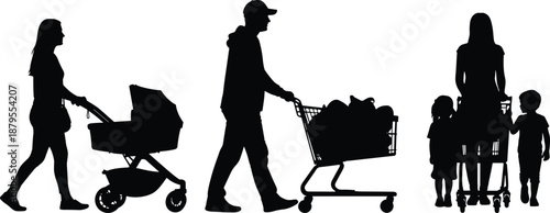 Family shopping silhouettes, parents with stroller and cart, grocery store illustration, consumer lifestyle graphic, black and white retail scene design