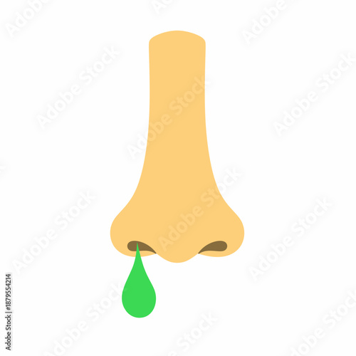Vector nose with green mucus flowing out on a white background. The concept of flu, sneezing, and viral infections.