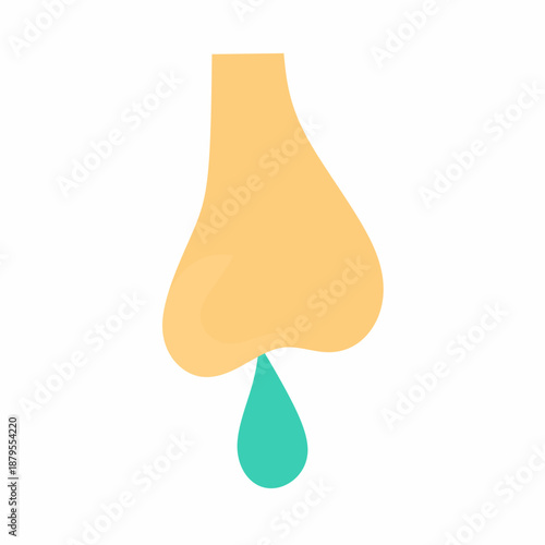 Vector illustration of a nose with snot flowing out on a white background. Concept of flu, sneezing, and viral infections.