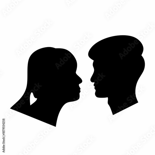 Silhouettes of male and female heads seen from the side against a white background. A profile or avatar concept for an unknown or anonymous individual. Vector illustration.