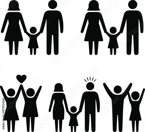 Set of black family stick figure icons showing parents and children in various poses Keywords: family, icon, stick figure, people, parents, children, child, mother, father, son