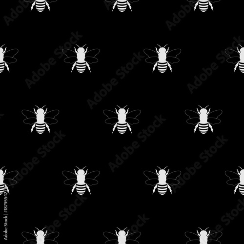 Honey bee silhouette seamless pattern isolated on black background