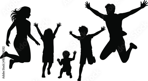 Silhouette of a family with children jumping joyfully in the air Keywords: family silhouette, children silhouette, jumping, joy, happiness, celebration, freedom, playful