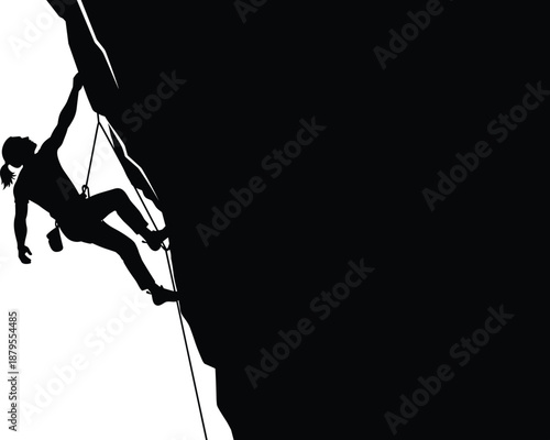 Female Rock Climber Silhouette Ascending Steep Mountain Cliff, Extreme Sport and Adventure Vector Graphic, Woman Free Climbing with Safety Rope, Challenge, Success, and Determination Concept.