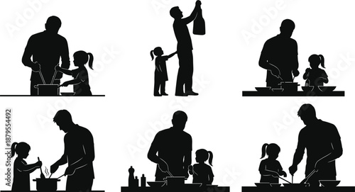Father and daughter cooking silhouettes, family kitchen activity illustration for parenting, bonding moments, home cooking, lifestyle scenes, vector artwork