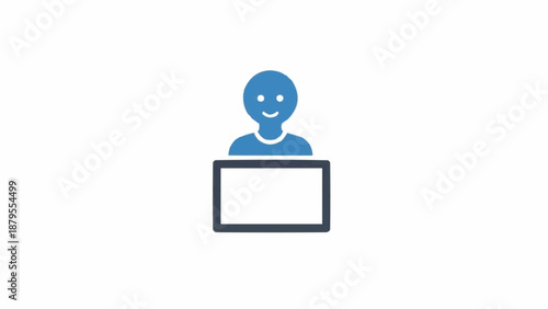 Blue Person Icon Behind Computer Monitor.