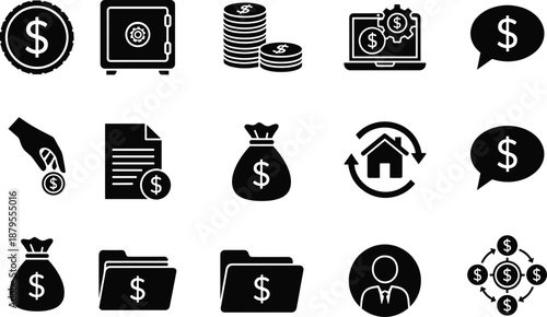 Financial money icons set for banking, investment, savings, digital payments, wealth management, currency exchange, business finance, economic growth illustration