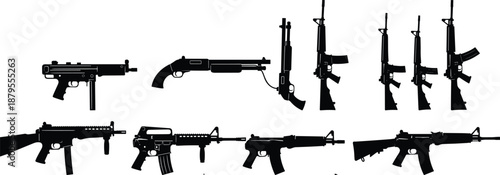 Firearm silhouettes, black and white weapon illustrations, rifle and shotgun icons, handgun outline set, military equipment graphics, tactical gear artwork