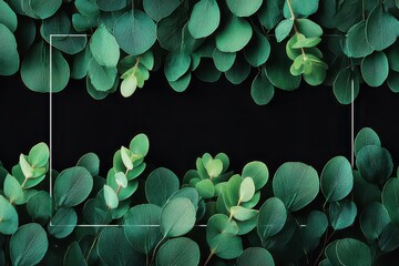 Elegant Frame of Green Eucalyptus Leaves on Dark Backdrop for Invitations and Celebrations in Natural Light with a Central Rectangular Border