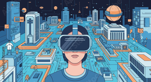 Person using VR headset in a futuristic digital world.