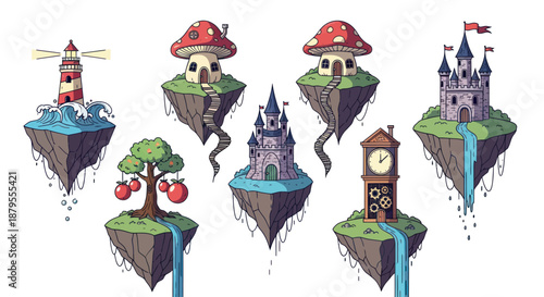 Collection of whimsical floating islands with fantasy elements