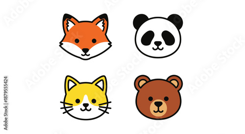Set of four cute cartoon animal faces: fox, panda, cat, and bear.