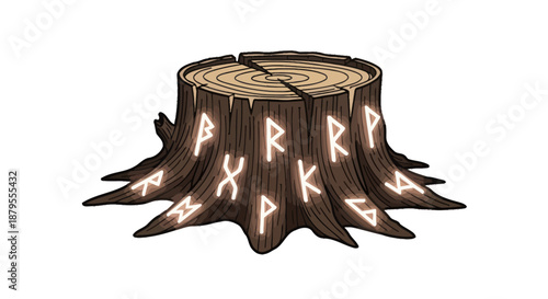 Ancient tree stump with glowing mystic runes etched into its bark.