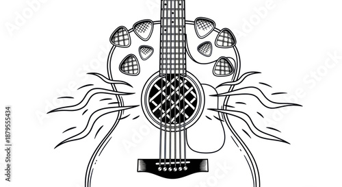 Abstract illustration of an acoustic guitar with sound waves emanating from it.