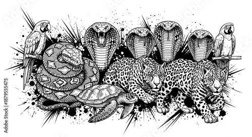 Graphic illustration of wild animals including jaguars, cobras, parrots and a turtle.