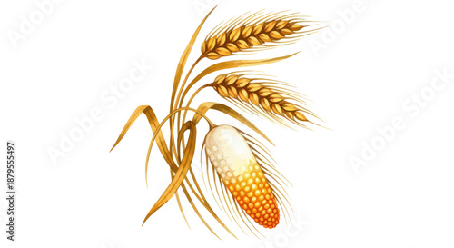 Illustration of golden wheat ears and a ripe corn cob isolated on a white background.
