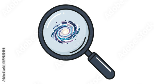 Magnifying glass showing a colorful spiral galaxy