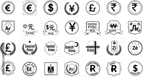 Collection of 35 diverse international currency symbols and icons, featuring various global money representations for finance, banking, and economic themes.