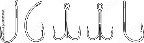 Fishing hook illustrations, single and treble hooks, angling equipment vector set, sharp metal hooks for fishing gear design, tackle elements