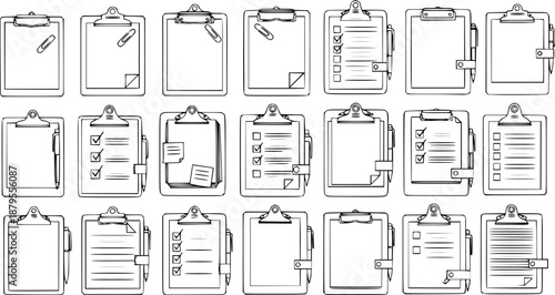 Vector Collection of Black and White Line Art Clipboards with Paper, Pens, Checklists, and Paperclips - Hand-Drawn Outline Illustrations Set