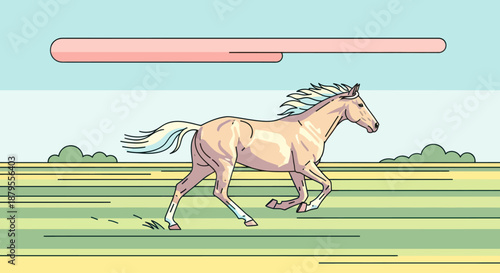 A light-colored horse gallops across a stylized green field.