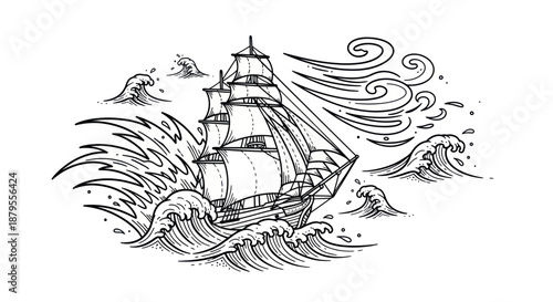 Vintage sailing ship battling stormy seas and rough waves.